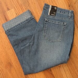 Women's Style & Co Blue Curvy Fit Crop Jeans With Cuff Sparkle Details Size 14